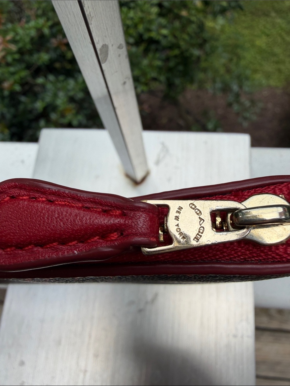 COACH Signature Stripe Zip Wristlet in Brown and Red - Picture 10 of 16
